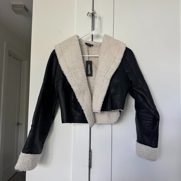 Boohoo Black Cropped Trim Leather Jacket - Picture 1 of 4